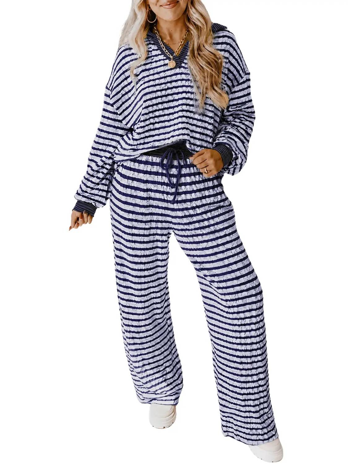 Women's V-Neck Comfortable Striped Two-Piece Loungewear Set