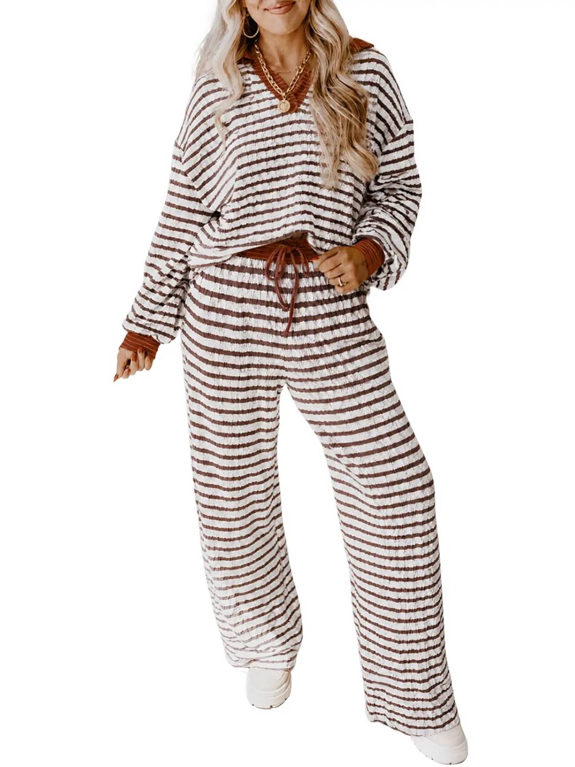 Brown striped V-neck two-piece loungewear set