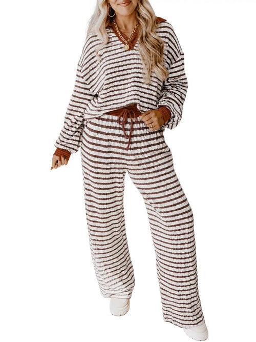 Women's V-Neck Comfortable Striped Two-Piece Loungewear Set