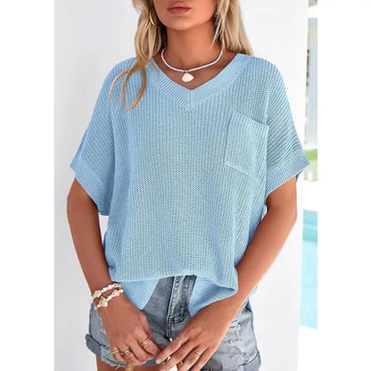 Women Loose V Neck Pocket Short Sleeve Knit Top