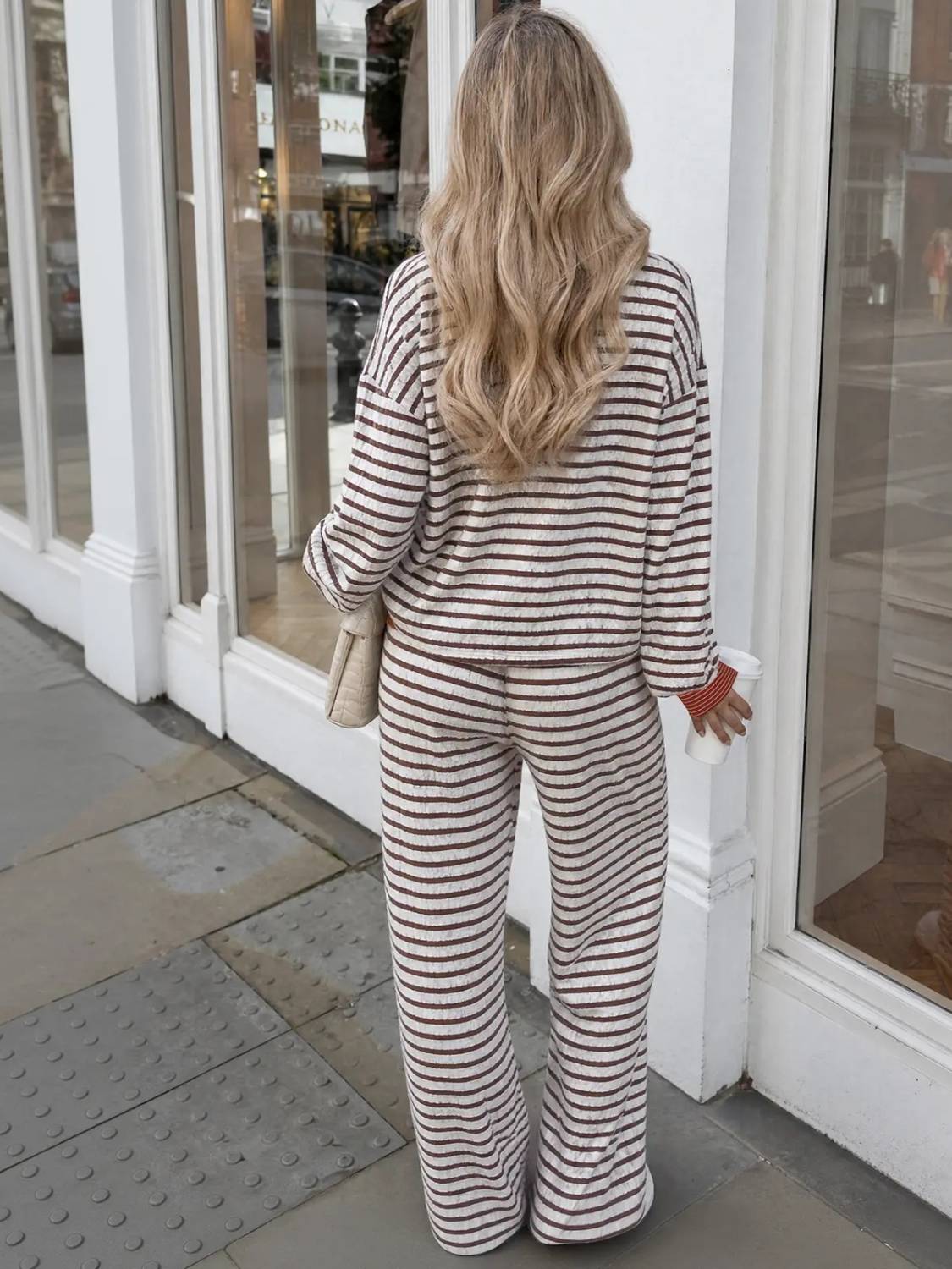 Women's V-Neck Comfortable Striped Two-Piece Loungewear Set
