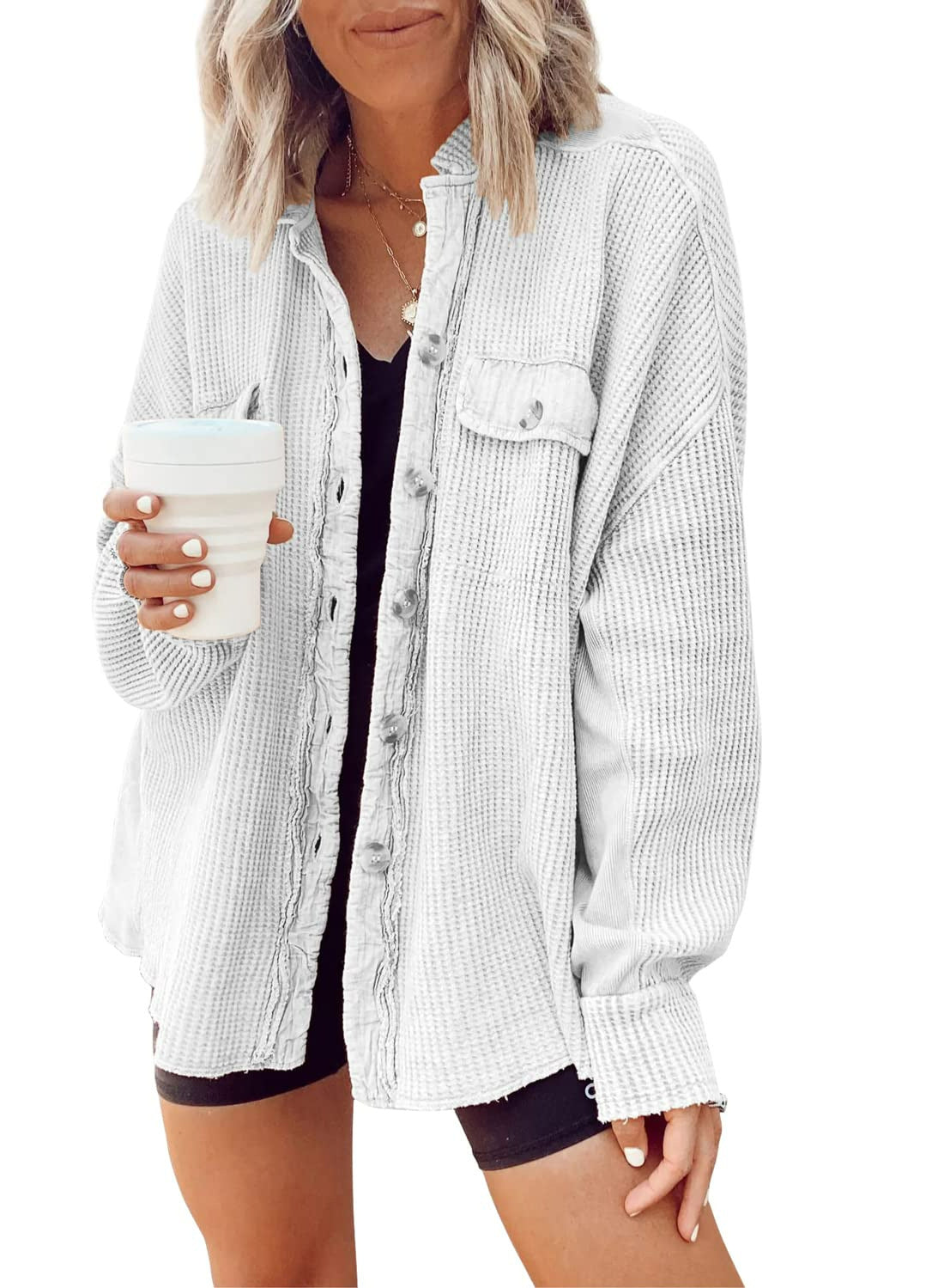 Women's Loose Fit Batwing Sleeve Waffle Knit Button Down Shacket Top