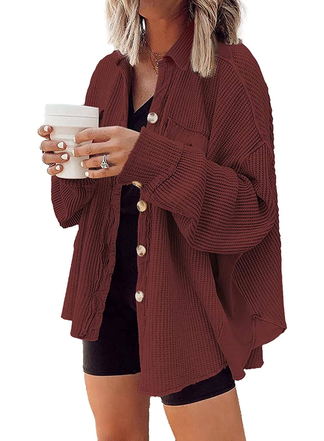 Women's Loose Fit Batwing Sleeve Waffle Knit Button Down Shacket Top