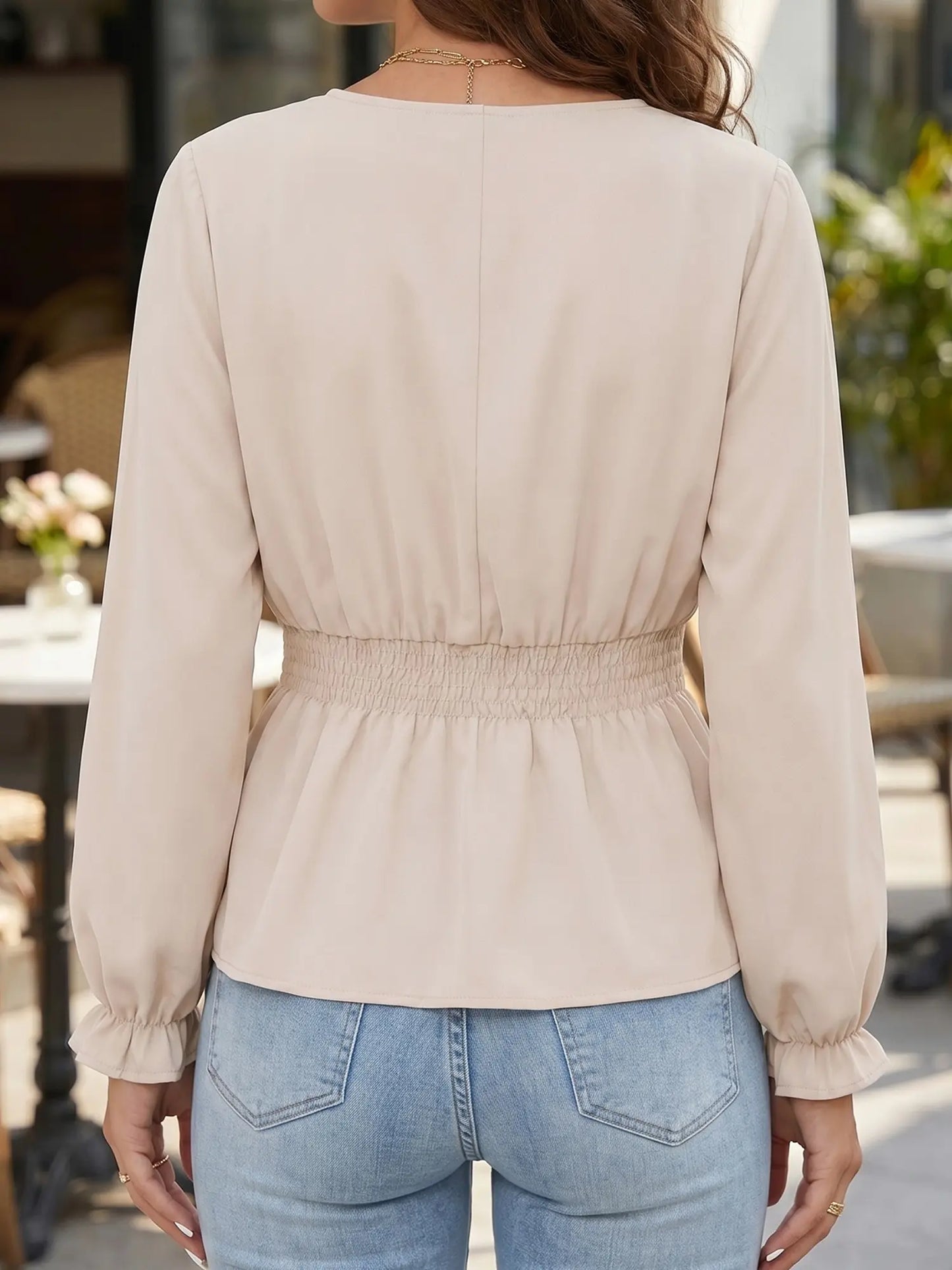 Women V Neck Smocked Waist Button Down Long Sleeve Blouse