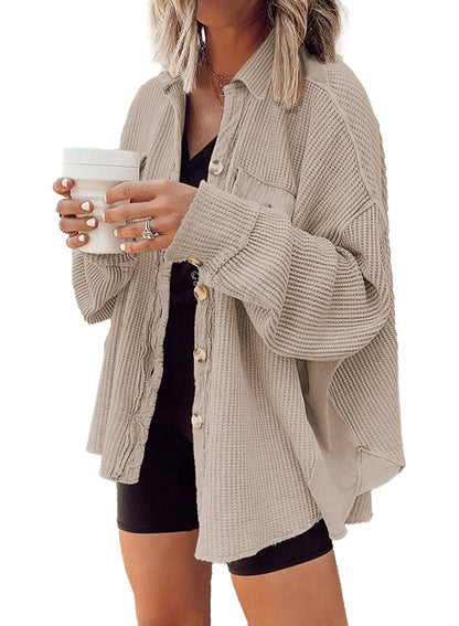 Women's Loose Fit Batwing Sleeve Waffle Knit Button Down Shacket Top