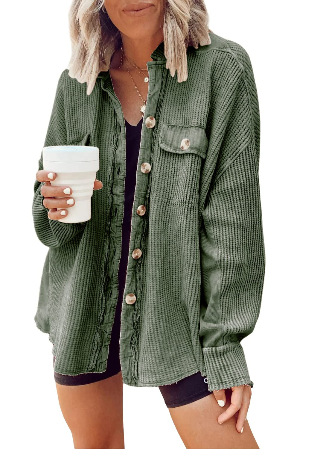 Women's Loose Fit Batwing Sleeve Waffle Knit Button Down Shacket Top