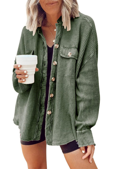 Women's Loose Fit Batwing Sleeve Waffle Knit Button Down Shacket Top