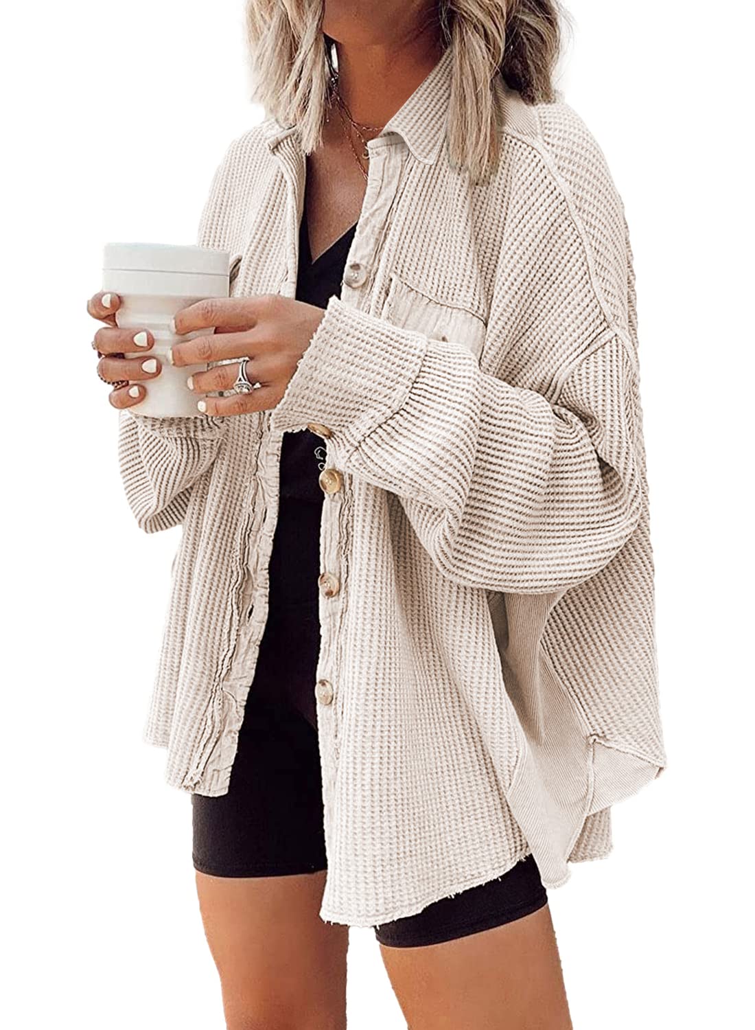 Women's Loose Fit Batwing Sleeve Waffle Knit Button Down Shacket Top