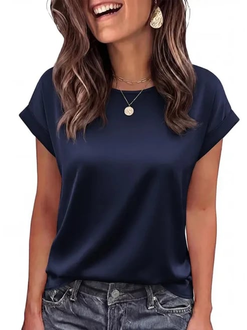 Navy satin crew neck short sleeve blouse