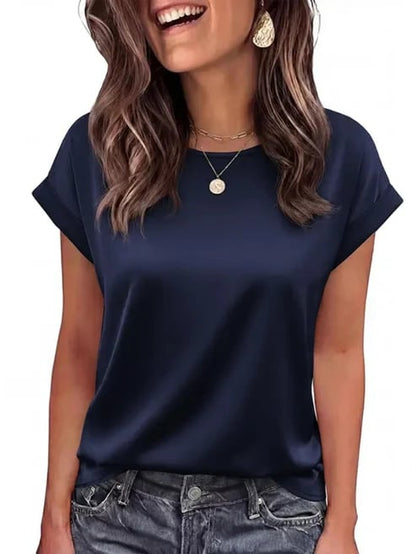 Women Loose Crew‐Neck Satin Short‐Sleeve Business Casual Summer Blouse