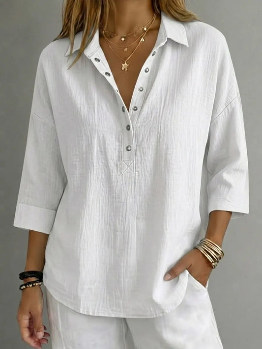Women's Casual Cottonn Linen Henley 3/4 Sleeve Shirt