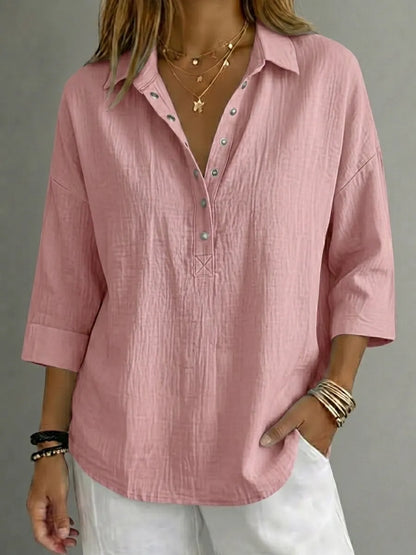 Women's Casual Cottonn Linen Henley 3/4 Sleeve Shirt