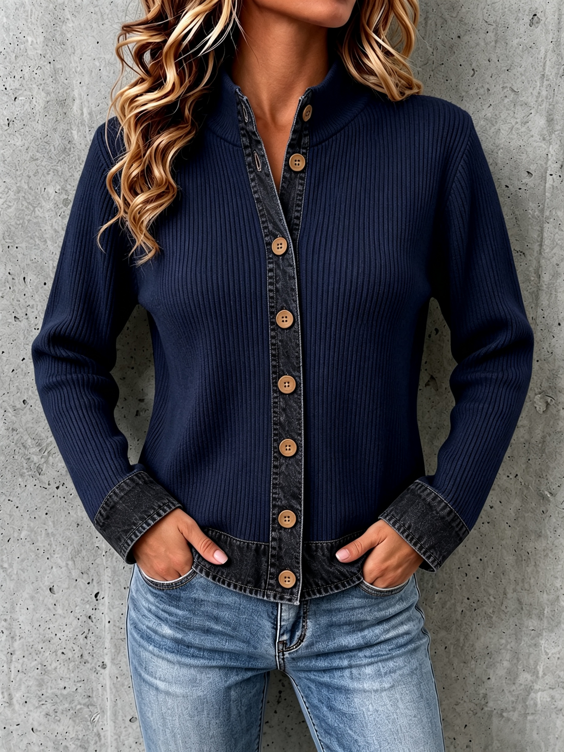 Navy denim paneled knit cardigan