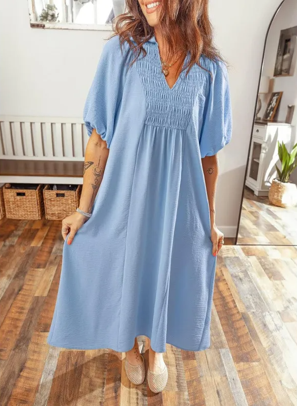 Women 2026 Casual Dresses V Neck Puff Sleeve Empire Waist A-Line Maxi Dress