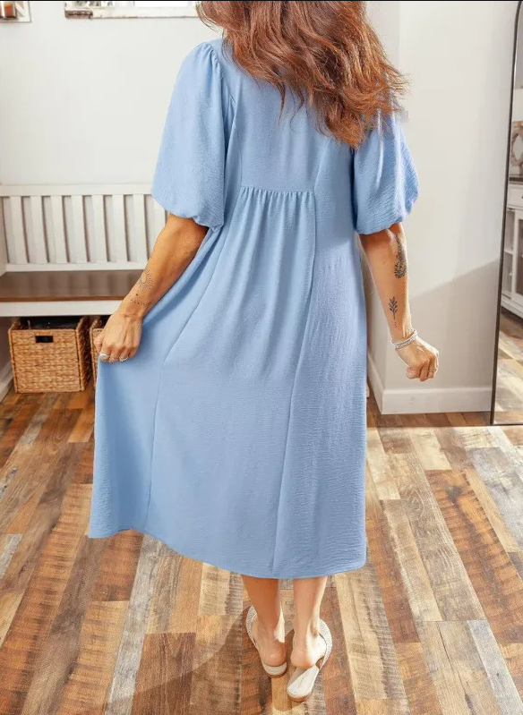 Women 2026 Casual Dresses V Neck Puff Sleeve Empire Waist A-Line Maxi Dress