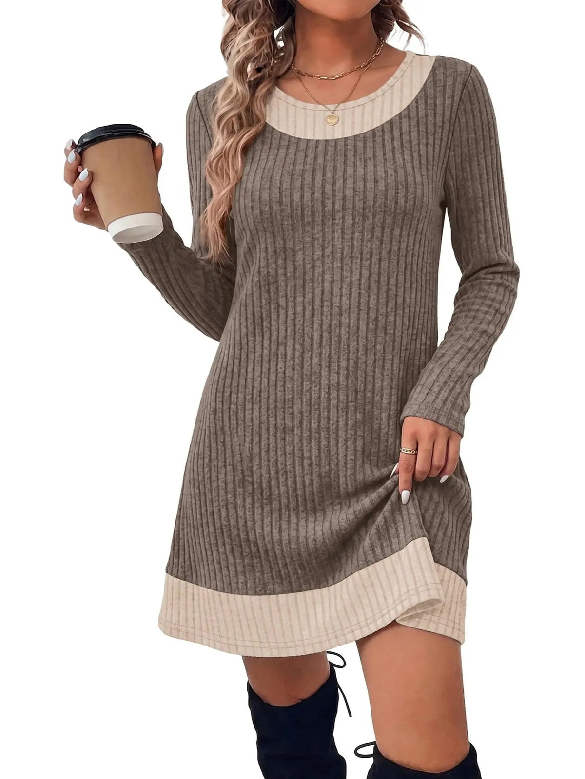 ✨Women Fall Long Sleeve Mini Dress, Plaid Color Block Trim