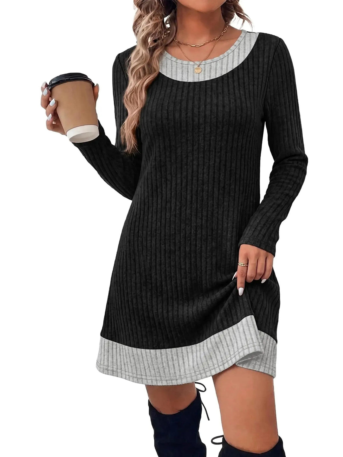 ✨Women Fall Long Sleeve Mini Dress, Plaid Color Block Trim