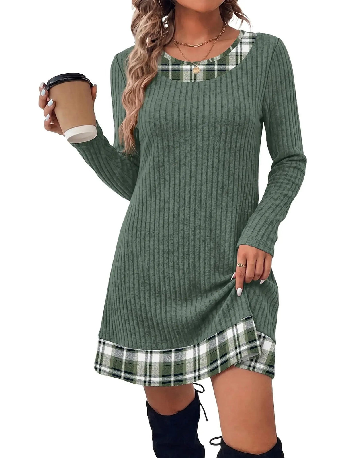 ✨Women Fall Long Sleeve Mini Dress, Plaid Color Block Trim