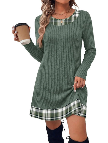✨Women Fall Long Sleeve Mini Dress, Plaid Color Block Trim