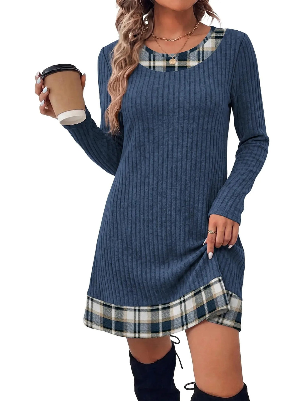 ✨Women Fall Long Sleeve Mini Dress, Plaid Color Block Trim