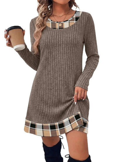 ✨Women Fall Long Sleeve Mini Dress, Plaid Color Block Trim