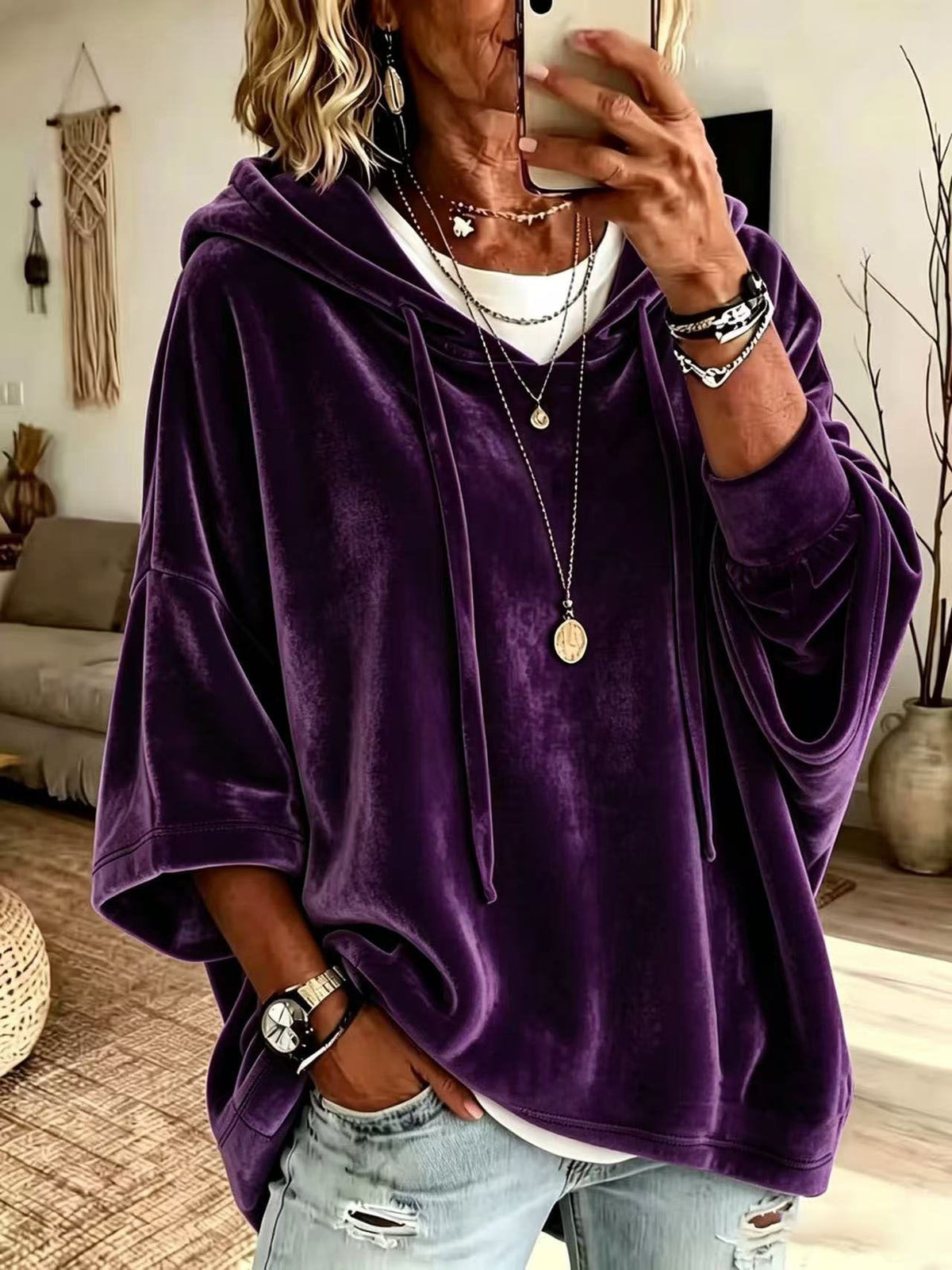 ✨Women’s 3/4 Sleeves Minimalist Velour Hoodie Top