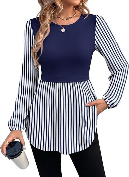 Women Crew Neck Babydoll Peplum Long Sleeve Tunic Blouse
