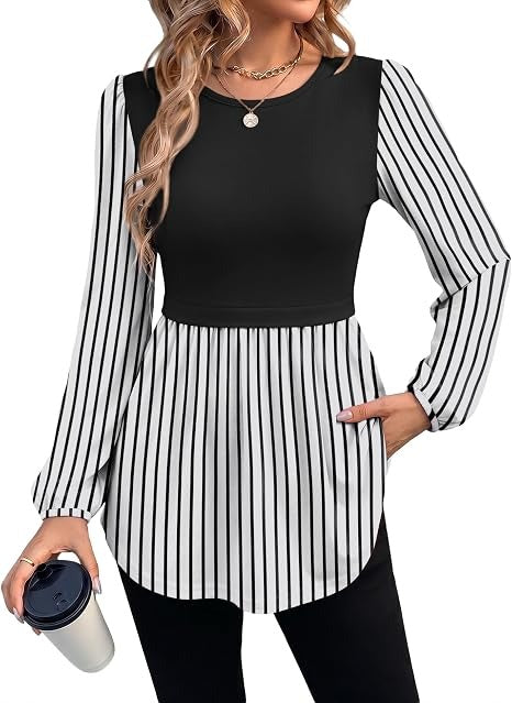 Women Crew Neck Babydoll Peplum Long Sleeve Tunic Blouse