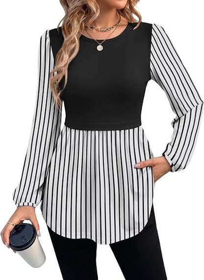 Women Crew Neck Babydoll Peplum Long Sleeve Tunic Blouse