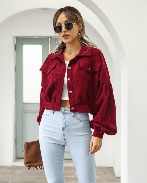 Pocket Cropped Corduroy Casual Jacket