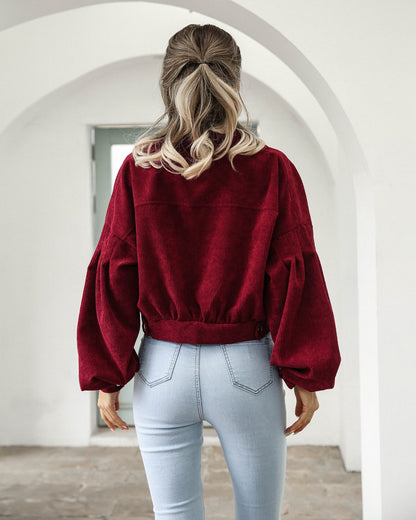 Pocket Cropped Corduroy Casual Jacket
