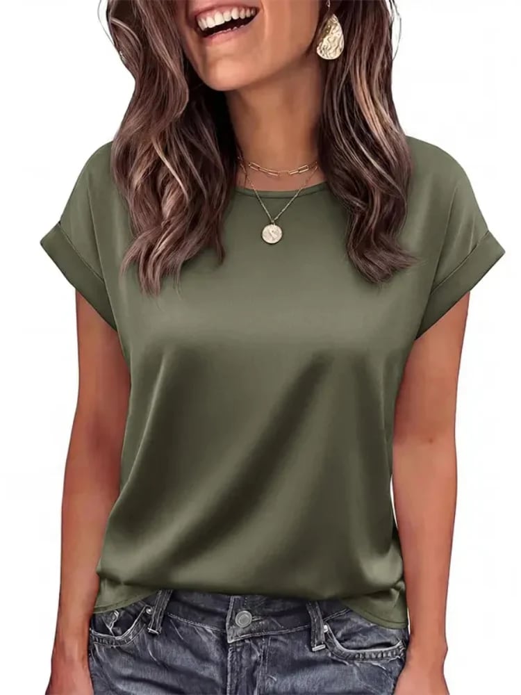 Women Loose Crew‐Neck Satin Short‐Sleeve Business Casual Summer Blouse