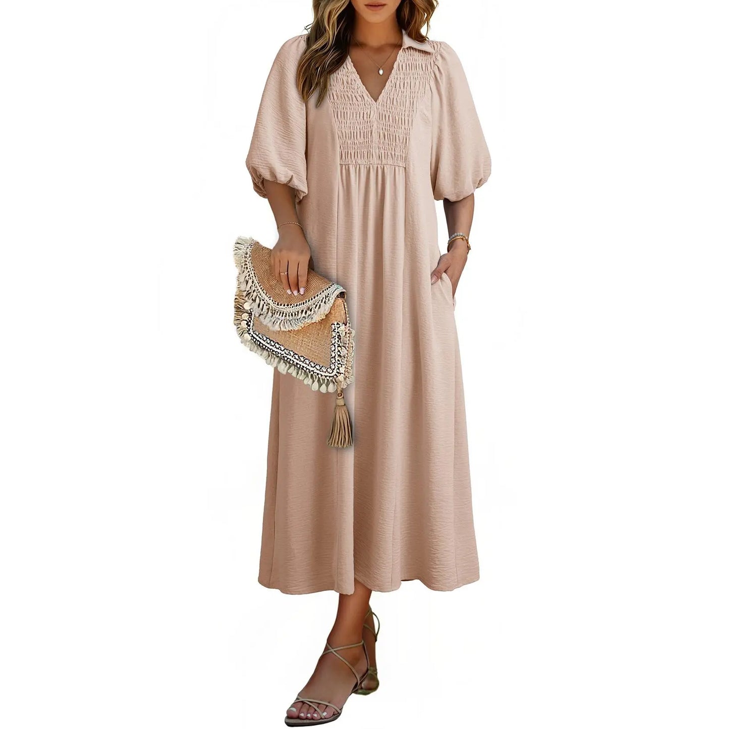 Women 2026 Casual Dresses V Neck Puff Sleeve Empire Waist A-Line Maxi Dress