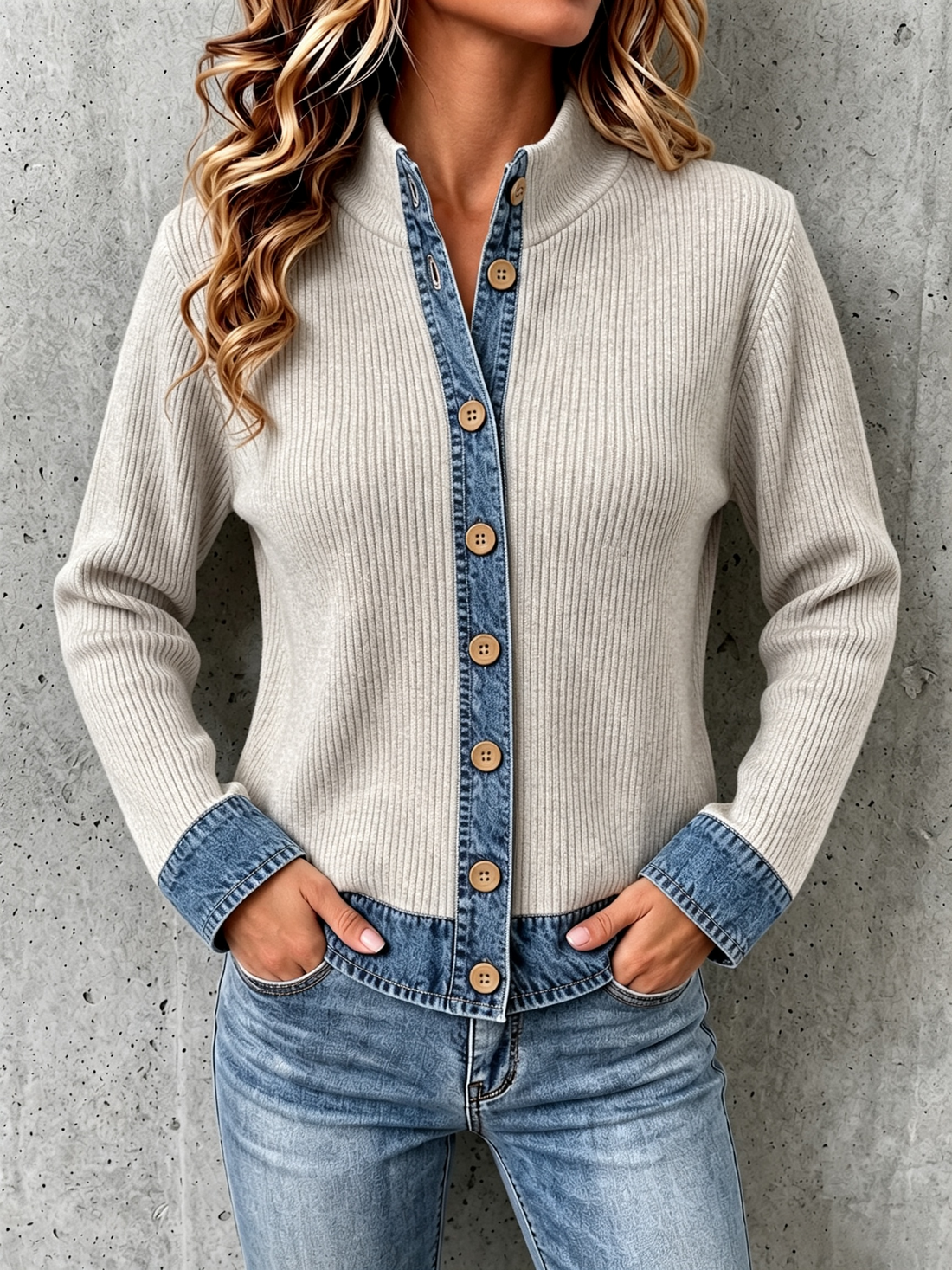 Light gray denim paneled knit cardigan