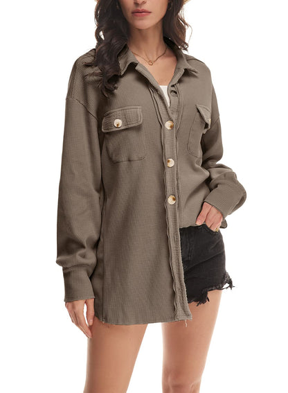 Women's Loose Fit Batwing Sleeve Waffle Knit Button Down Shacket Top