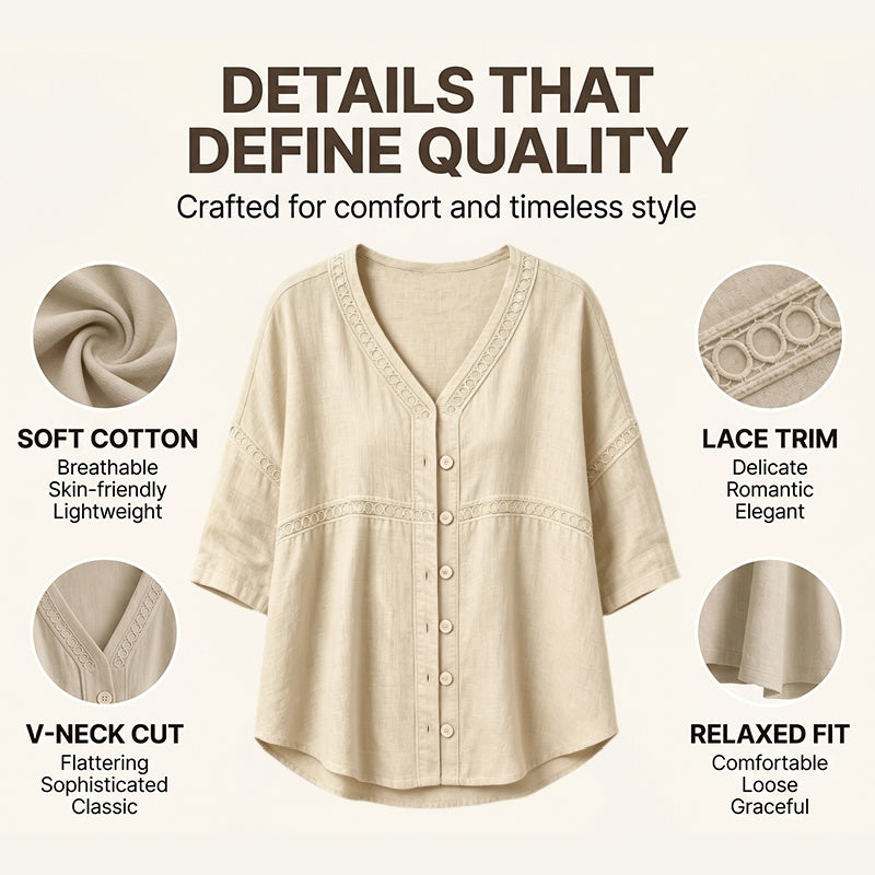 FLASH SALE: 60% OFF — Women's V-Neck Lace Trim Button-Down Blouse