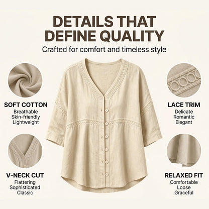 FLASH SALE: 60% OFF — Women's V-Neck Lace Trim Button-Down Blouse