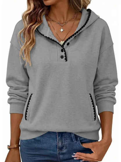 Women Oversized Scalloped Stitch Half‑Button Hooded Tunic Sweatshirt