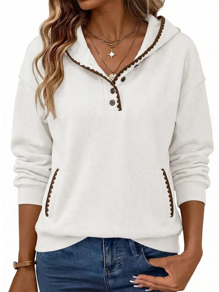 Women Oversized Scalloped Stitch Half‑Button Hooded Tunic Sweatshirt