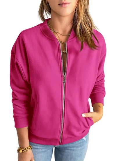 Women Solid Full‑Zip Loose Bomber Jacket with Kangaroo Pocket