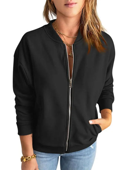Women Solid Full‑Zip Loose Bomber Jacket with Kangaroo Pocket