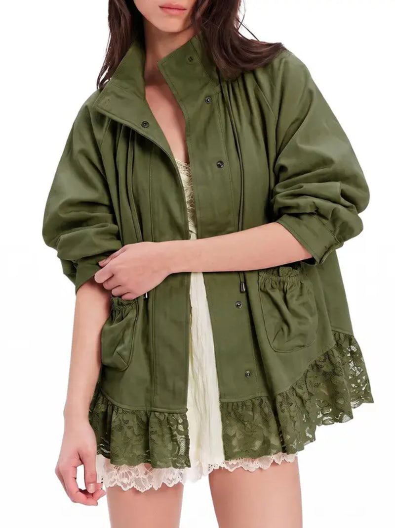 Women Lace Hem Stand‑Collar Drawstring Loose Jacket