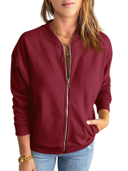 Women Solid Full‑Zip Loose Bomber Jacket with Kangaroo Pocket