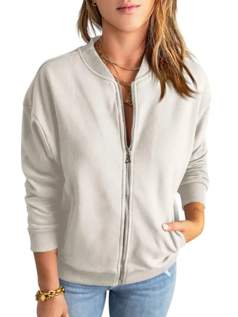 Women Solid Full‑Zip Loose Bomber Jacket with Kangaroo Pocket