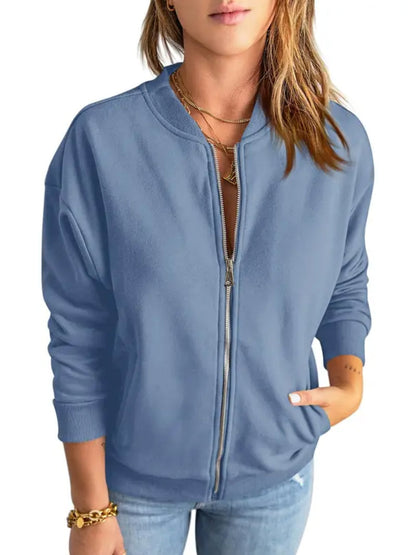 Women Solid Full‑Zip Loose Bomber Jacket with Kangaroo Pocket