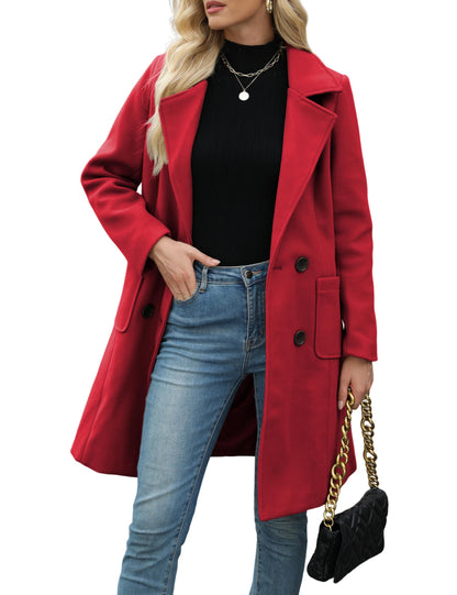Hot Sale-Women Classic Lapel Double Breasted Mid-Length Overcoat Casual Fall Winter