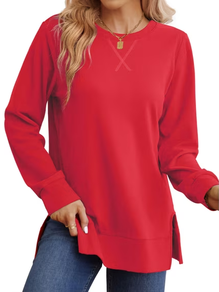 Women Loose Long Sleeve Tunic Top Side Slit