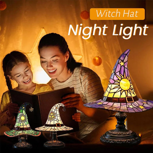 🔮 Stained Glass Style Witch Hat Resin Night Light | Vintage Fantasy Bedroom Lamp