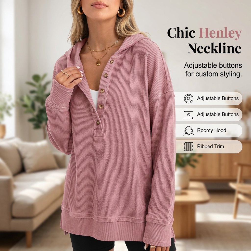 Flash Sale💥Women's Cozy Oversized Long Sleeve Henley Hoodie