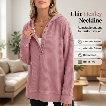 Flash Sale💥Women's Cozy Oversized Long Sleeve Henley Hoodie